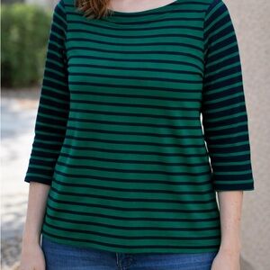 LOFT Emerald and Navy Striped Long Sleeve Tee
